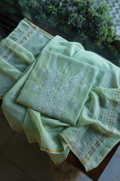 Green Mal Cotton Chikankari Kurta & Dupatta Set with Mukaish Work