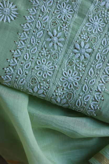Green Mal Cotton Chikankari Kurta & Dupatta Set with Mukaish Work