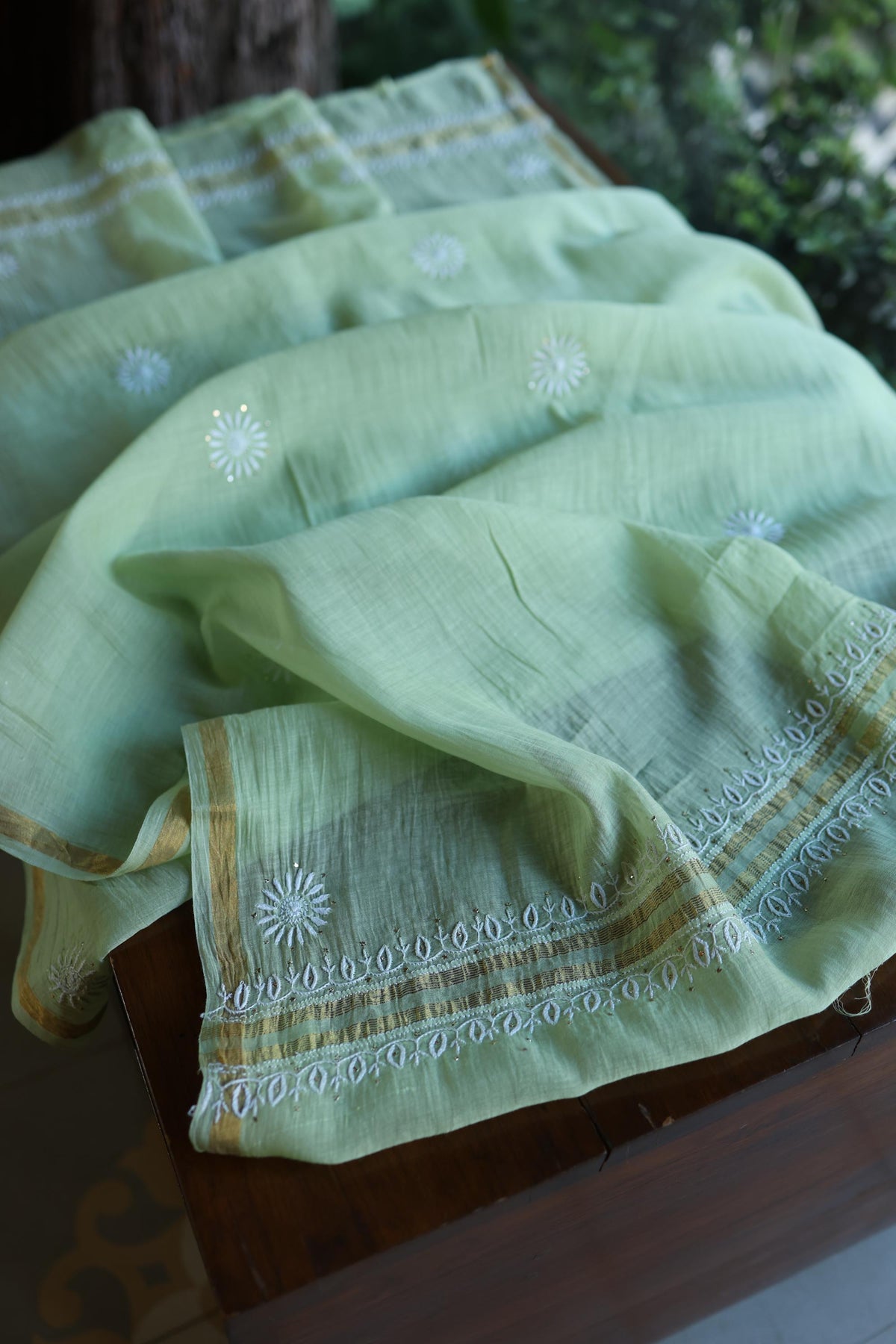 Green Mal Cotton Chikankari Kurta & Dupatta Set with Mukaish Work