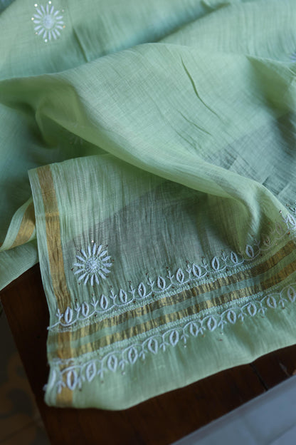 Green Mal Cotton Chikankari Kurta & Dupatta Set with Mukaish Work