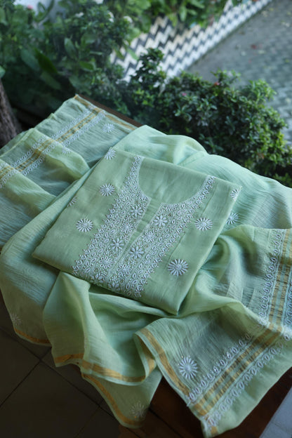 Green Mal Cotton Chikankari Kurta & Dupatta Set with Mukaish Work