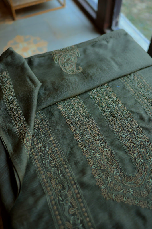 Green Moonga Silk Chikankari Men’s Kurta Fabric