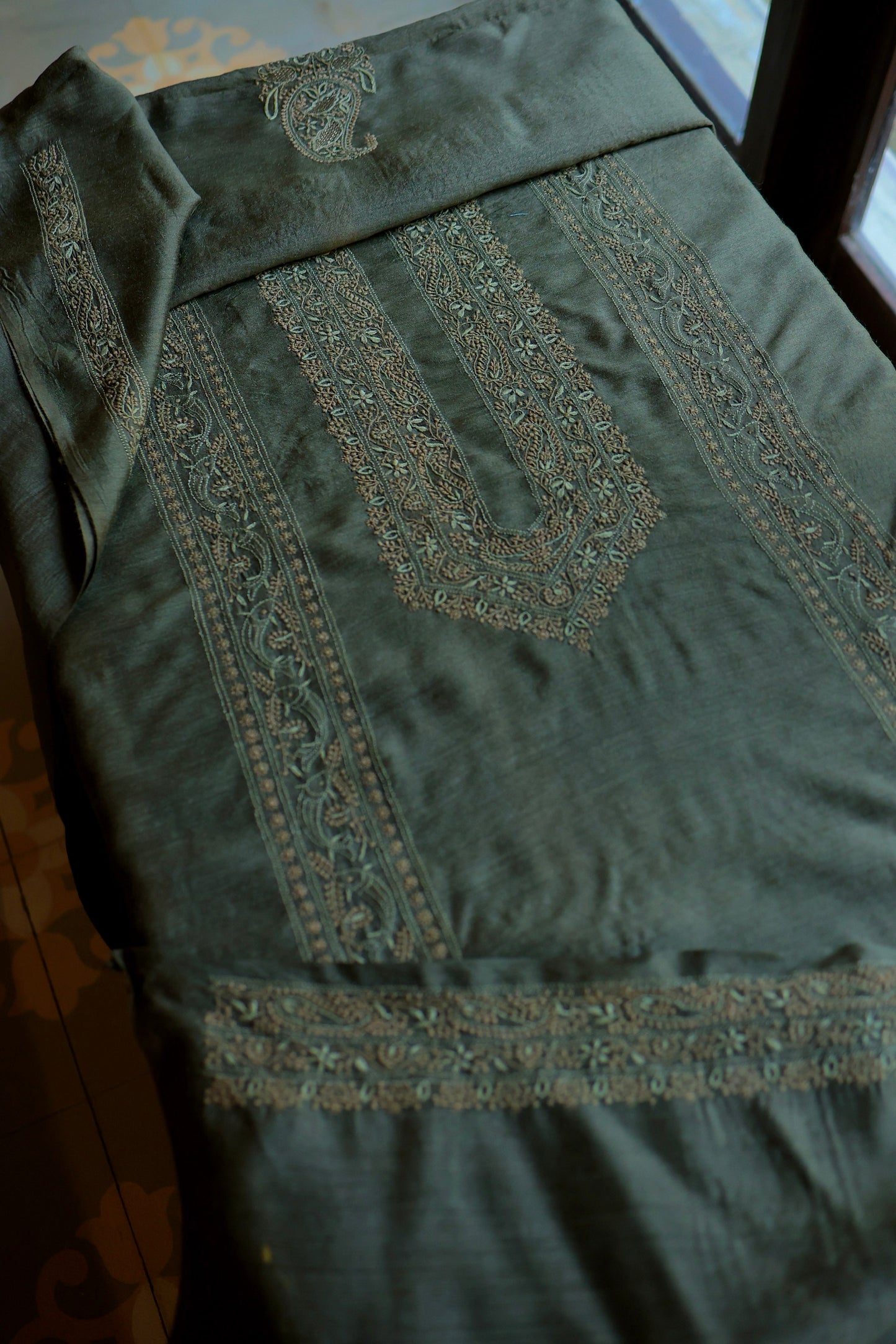 Green Moonga Silk Chikankari Men’s Kurta Fabric