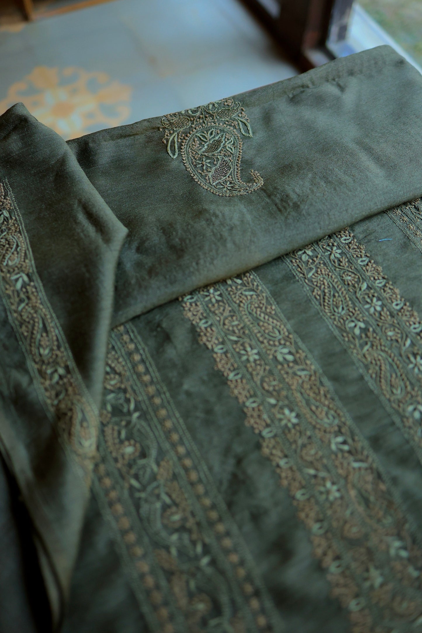 Green Moonga Silk Chikankari Men’s Kurta Fabric