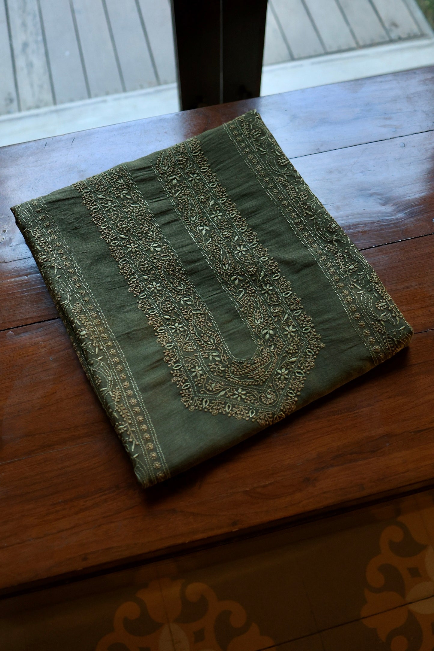 Green Moonga Silk Chikankari Men’s Kurta Fabric