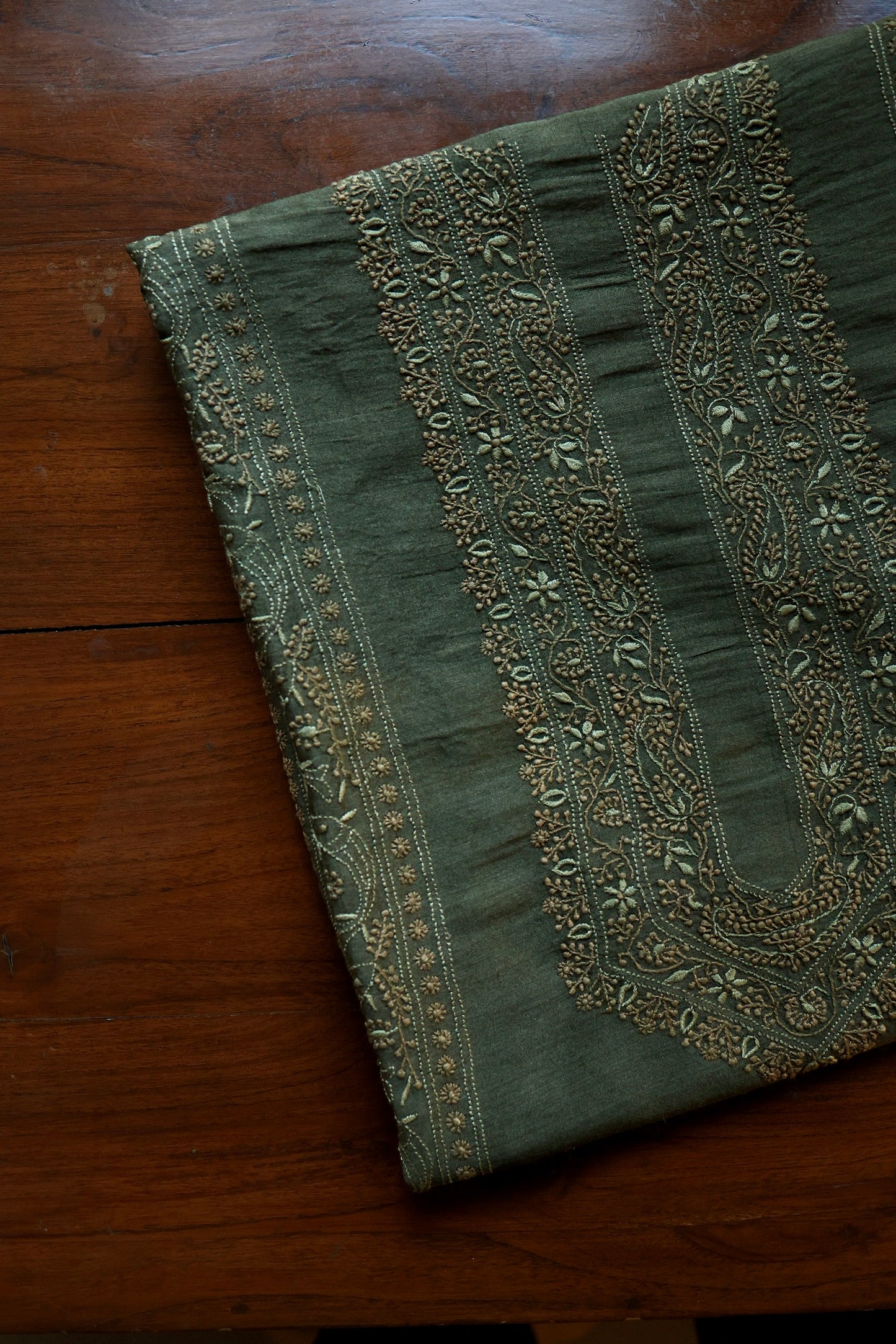 Green Moonga Silk Chikankari Men’s Kurta Fabric