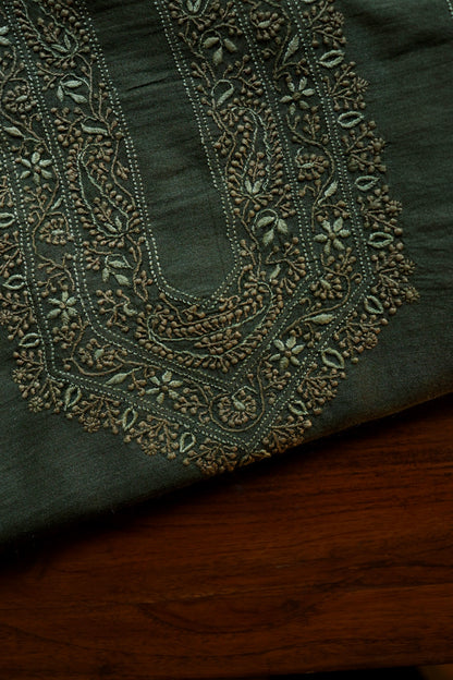 Green Moonga Silk Chikankari Men’s Kurta Fabric