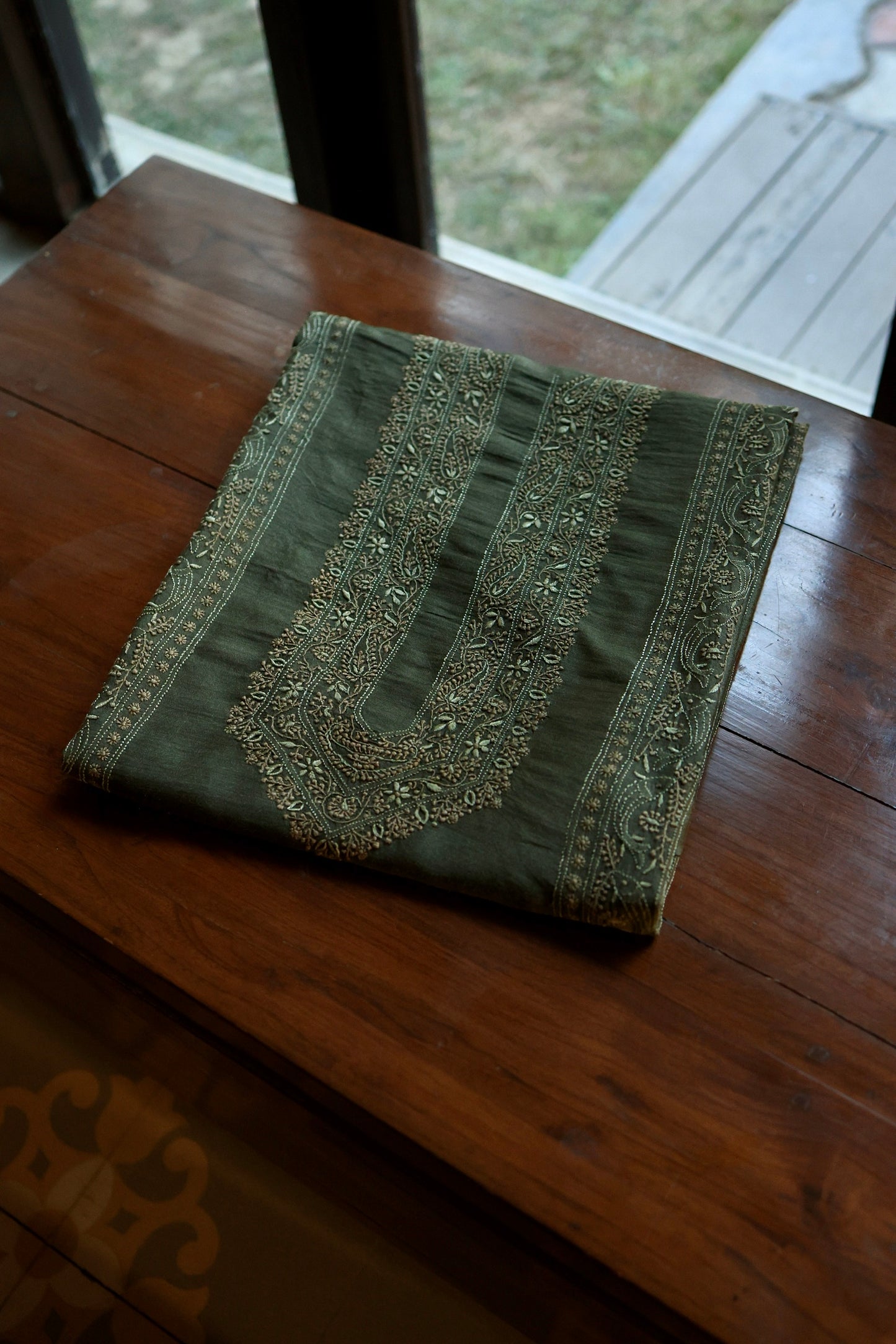 Green Moonga Silk Chikankari Men’s Kurta Fabric