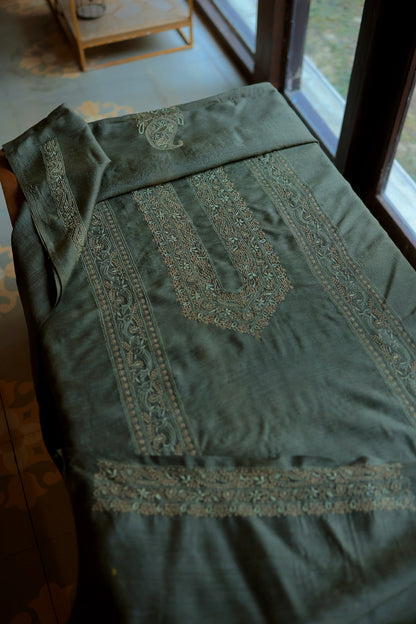 Green Moonga Silk Chikankari Men’s Kurta Fabric
