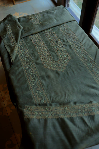 Green Moonga Silk Chikankari Men’s Kurta Fabric