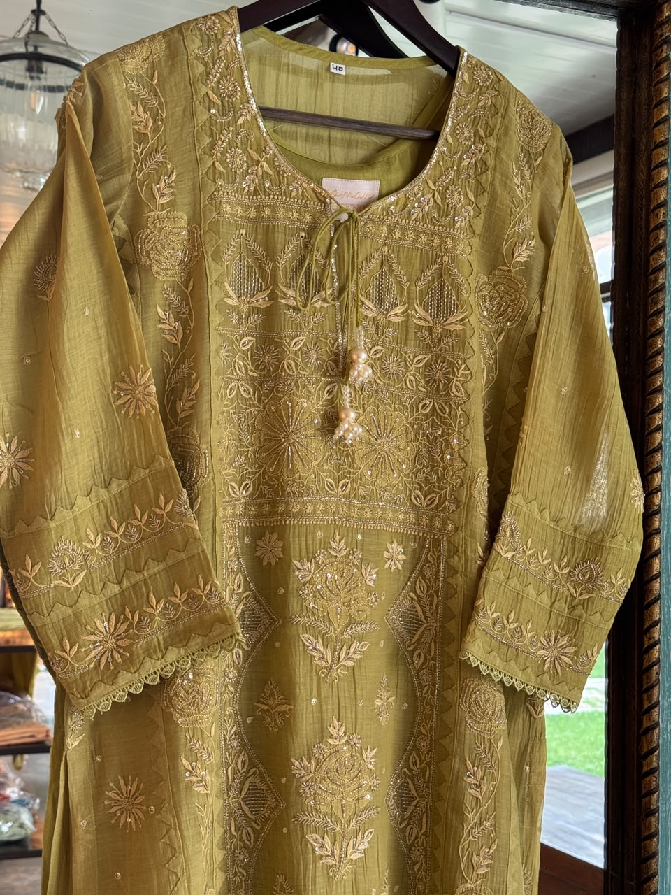 Green Mulmul Pearl White Chikankari Ready to Wear Kurta Set