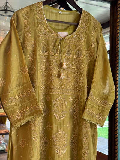 Green Mulmul Pearl White Chikankari Ready to Wear Kurta Set