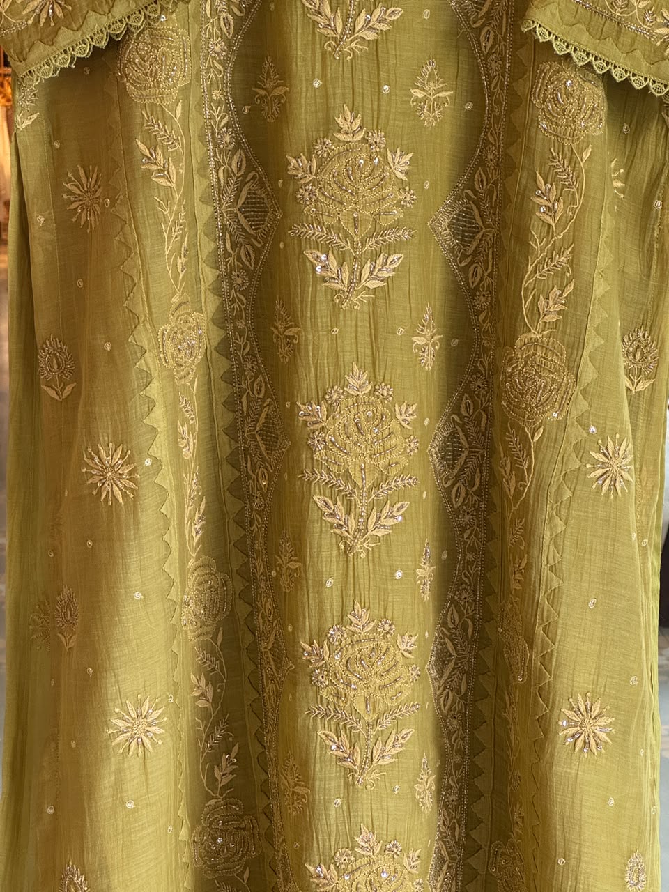Green Mulmul Pearl White Chikankari Ready to Wear Kurta Set