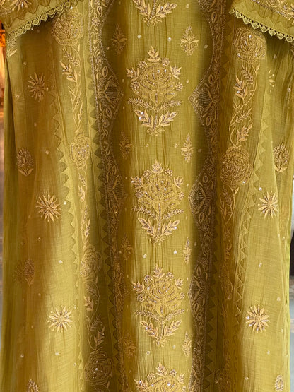 Green Mulmul Pearl White Chikankari Ready to Wear Kurta Set