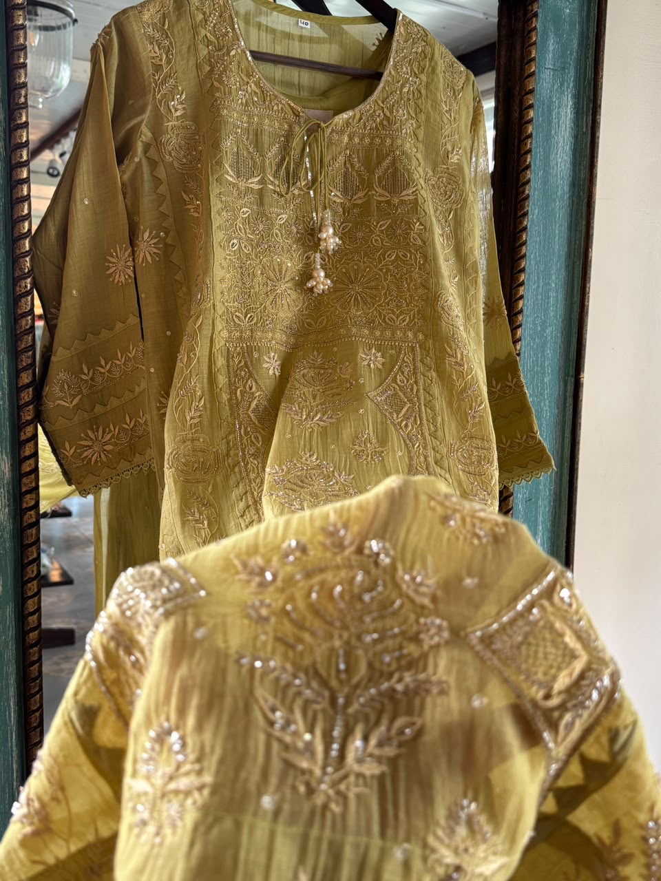 Green Mulmul Pearl White Chikankari Ready to Wear Kurta Set