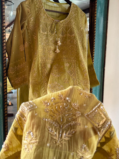 Green Mulmul Pearl White Chikankari Ready to Wear Kurta Set