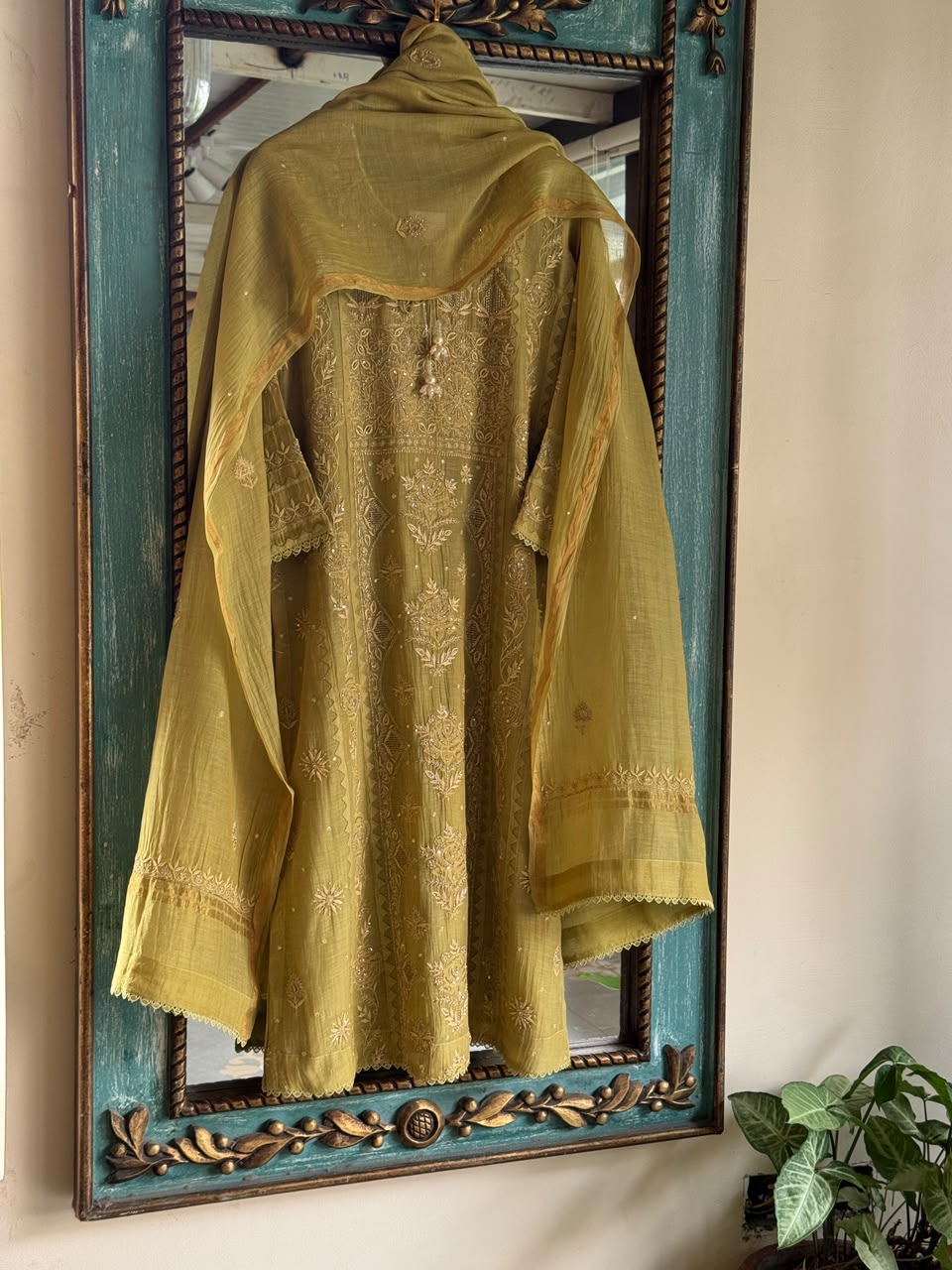 Green Mulmul Pearl White Chikankari Ready to Wear Kurta Set