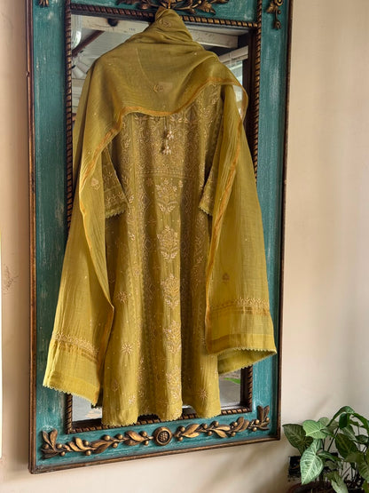 Green Mulmul Pearl White Chikankari Ready to Wear Kurta Set