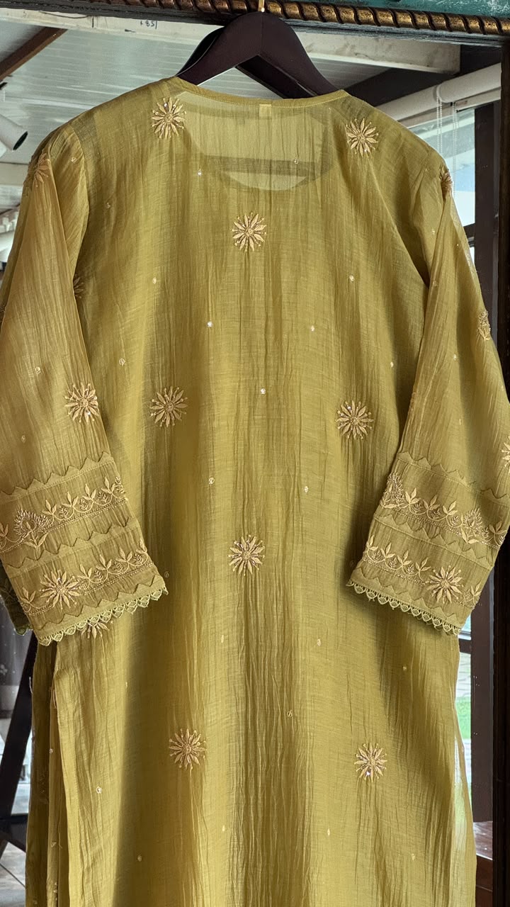 Green Mulmul Pearl White Chikankari Ready to Wear Kurta Set