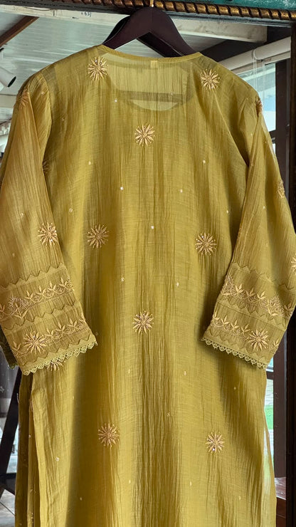 Green Mulmul Pearl White Chikankari Ready to Wear Kurta Set