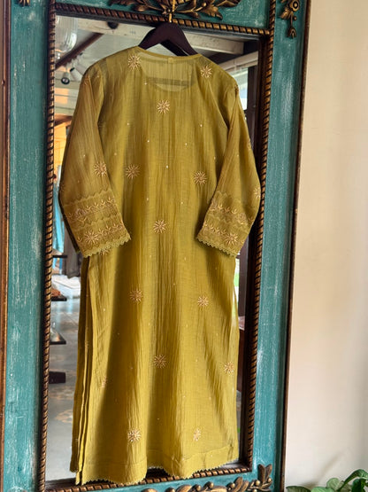 Green Mulmul Pearl White Chikankari Ready to Wear Kurta Set