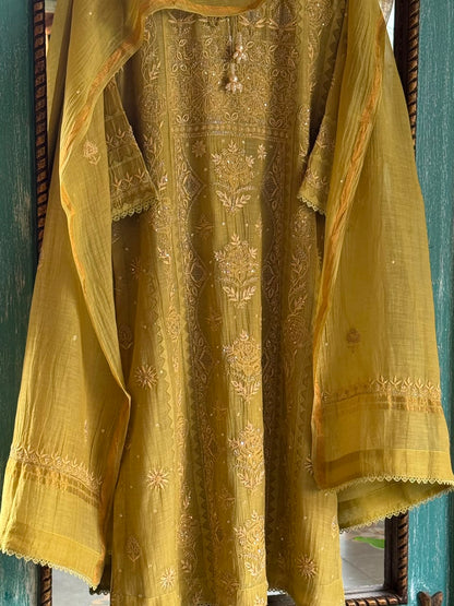 Green Mulmul Pearl White Chikankari Ready to Wear Kurta Set