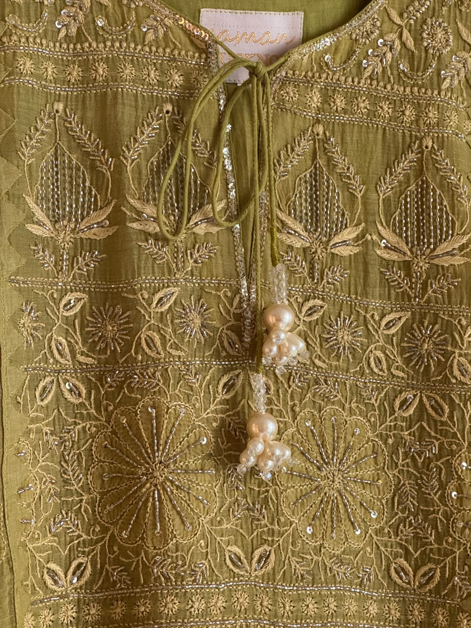 Green Mulmul Pearl White Chikankari Ready to Wear Kurta Set