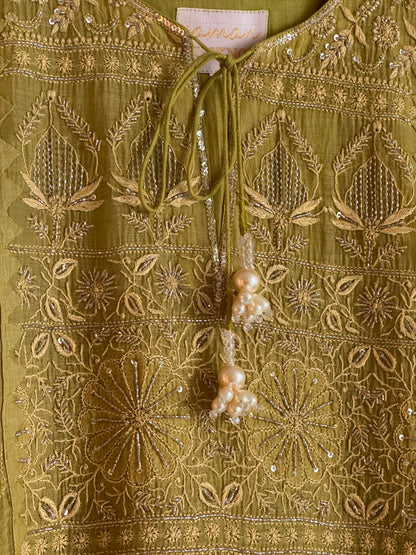 Green Mulmul Pearl White Chikankari Ready to Wear Kurta Set
