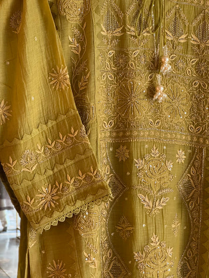 Green Mulmul Pearl White Chikankari Ready to Wear Kurta Set