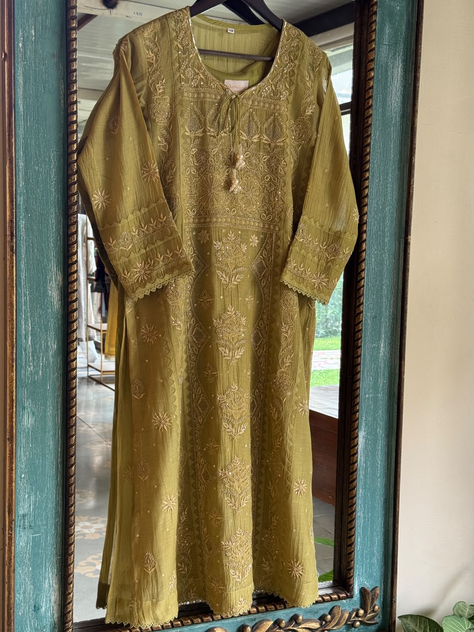 Green Mulmul Pearl White Chikankari Ready to Wear Kurta Set