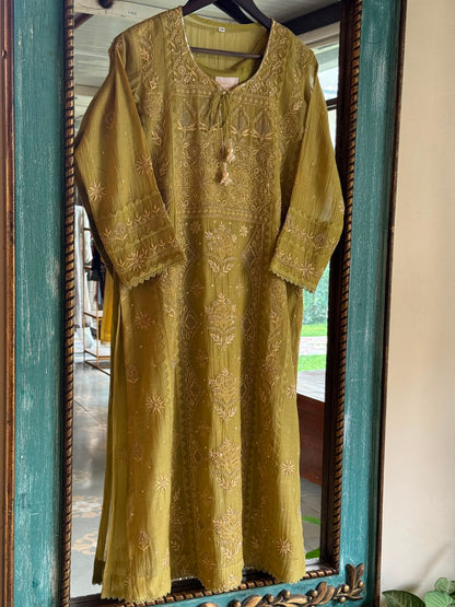 Green Mulmul Pearl White Chikankari Ready to Wear Kurta Set