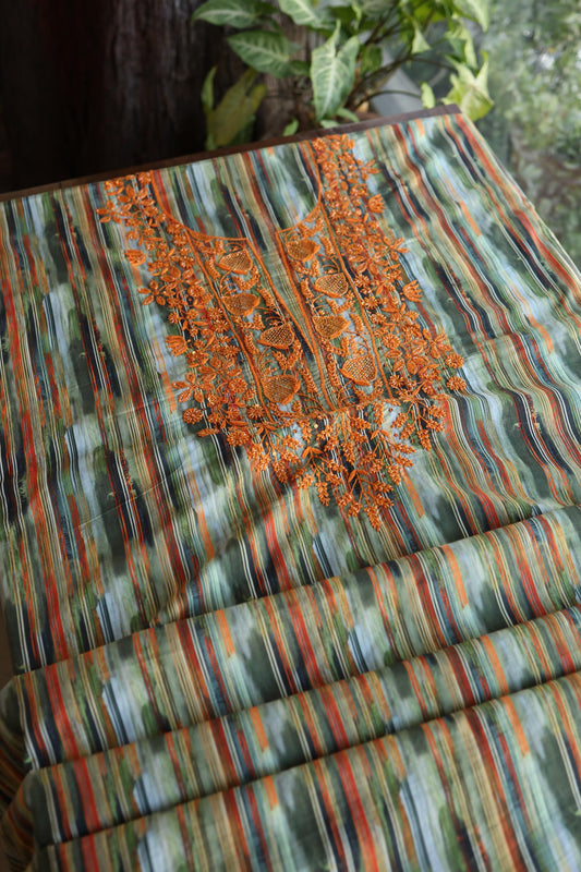 Green Multi Cotton Kurta Fabric with Chikankari & Sequin Work