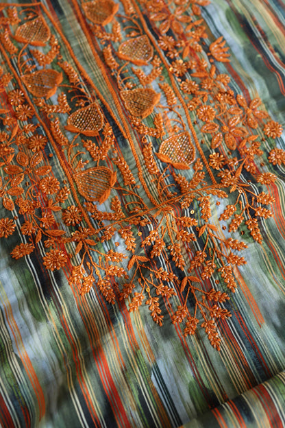 Green Multi Cotton Kurta Fabric with Chikankari & Sequin Work
