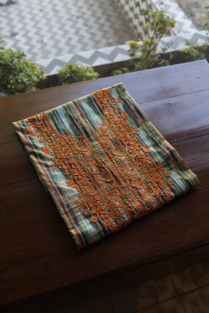Green Multi Cotton Kurta Fabric with Chikankari & Sequin Work