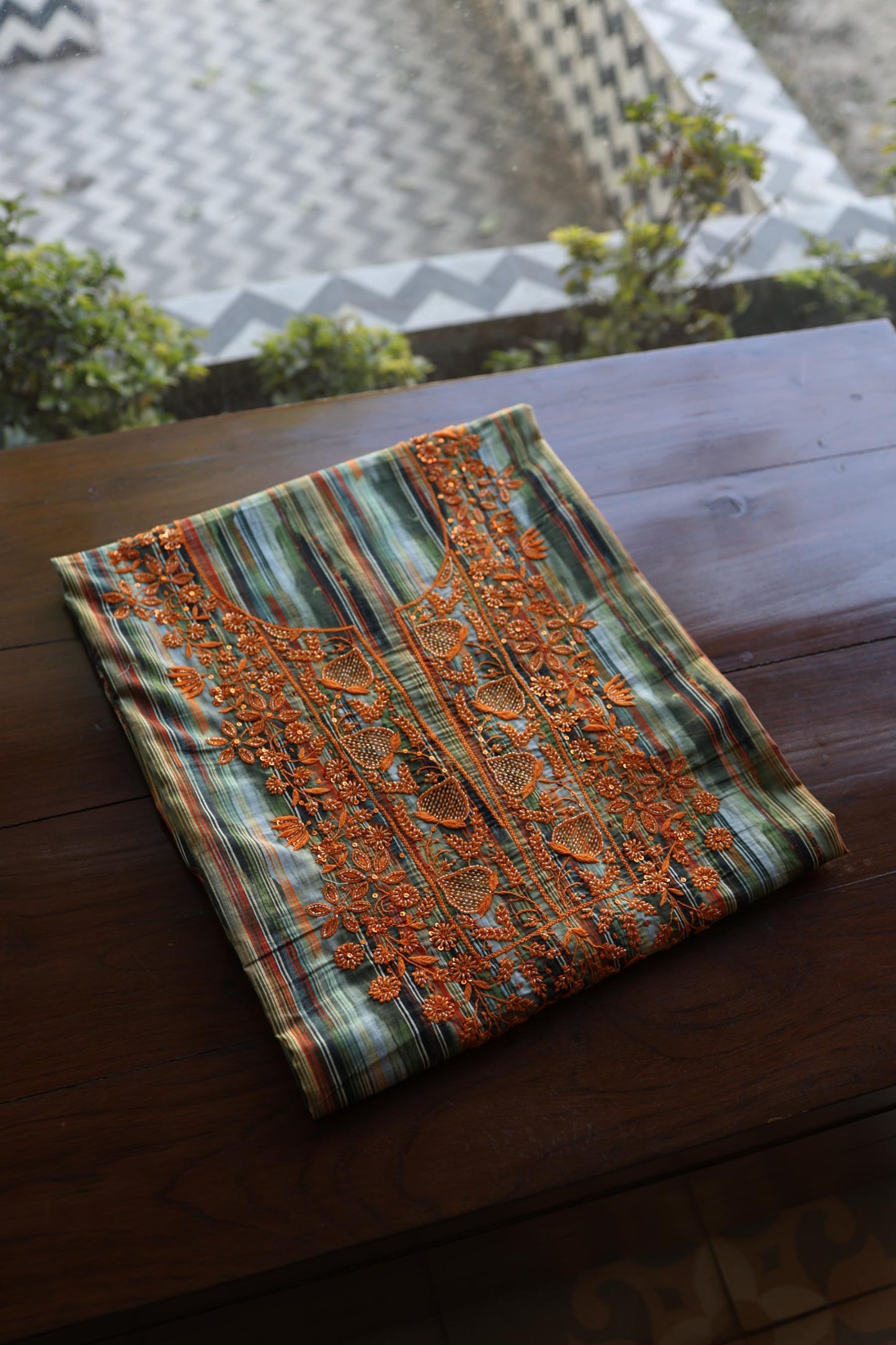Green Multi Cotton Kurta Fabric with Chikankari & Sequin Work