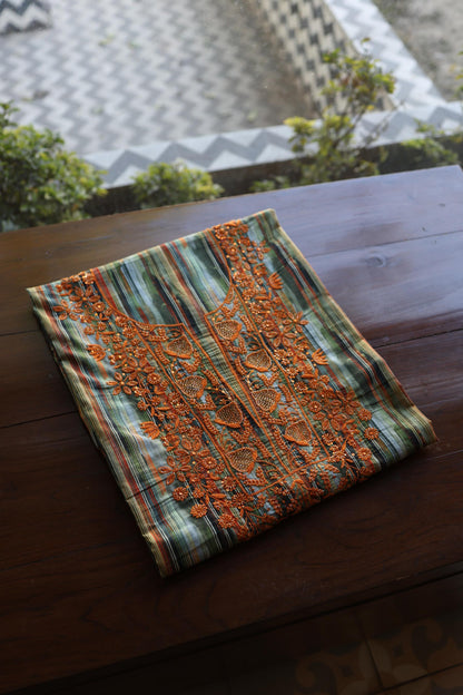 Green Multi Cotton Kurta Fabric with Chikankari & Sequin Work