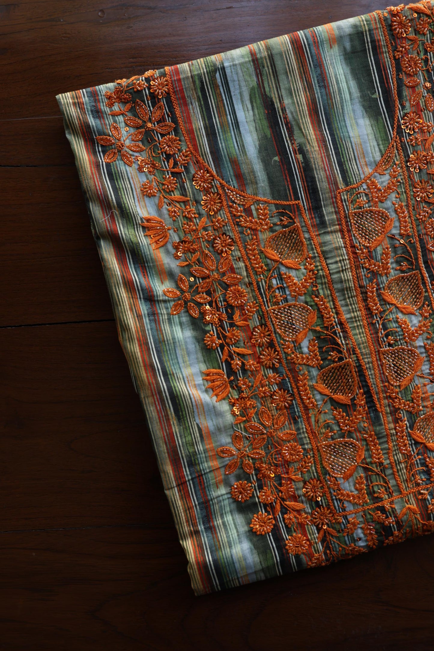 Green Multi Cotton Kurta Fabric with Chikankari & Sequin Work
