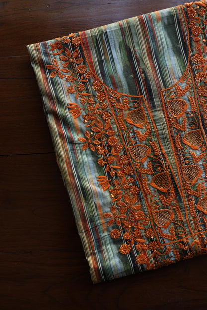 Green Multi Cotton Kurta Fabric with Chikankari & Sequin Work