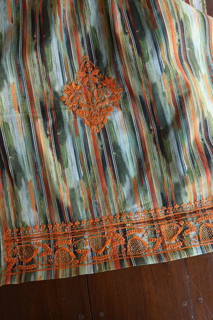 Green Multi Cotton Kurta Fabric with Chikankari & Sequin Work