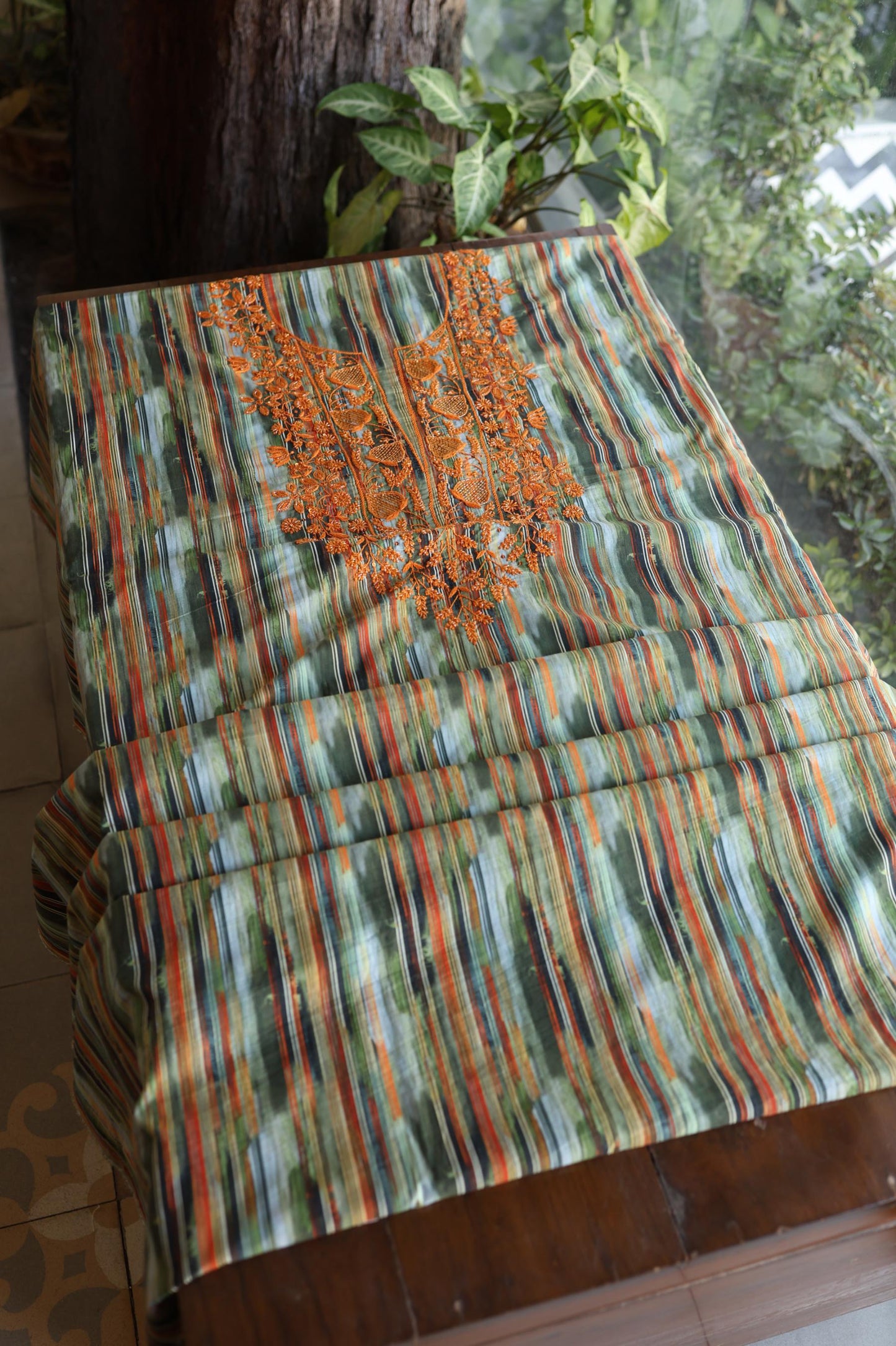 Green Multi Cotton Kurta Fabric with Chikankari & Sequin Work