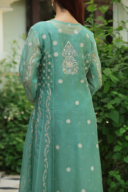 Green & Blue Noor Organza Chikankari Anarkali Kurta With Dupatta