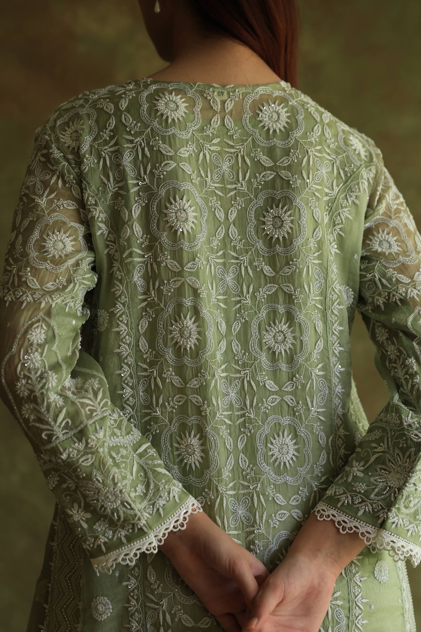 Green Noor Organza Chikankari Anarkali Kurta With Dupatta