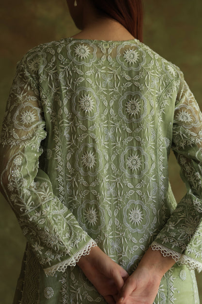 Green Noor Organza Chikankari Anarkali Kurta With Dupatta