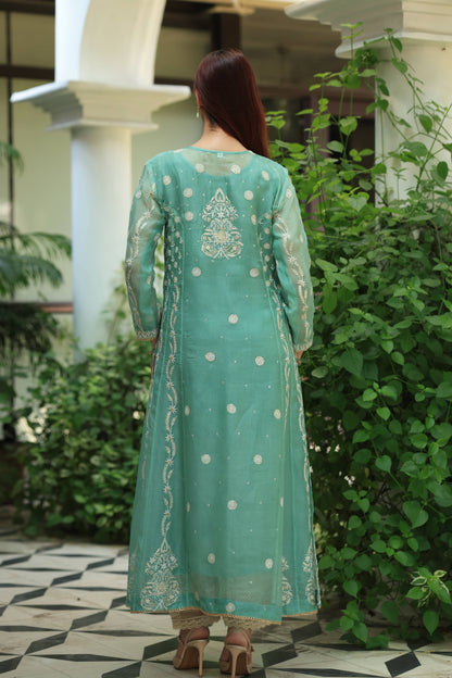 Green & Blue Noor Organza Chikankari Anarkali Kurta With Dupatta