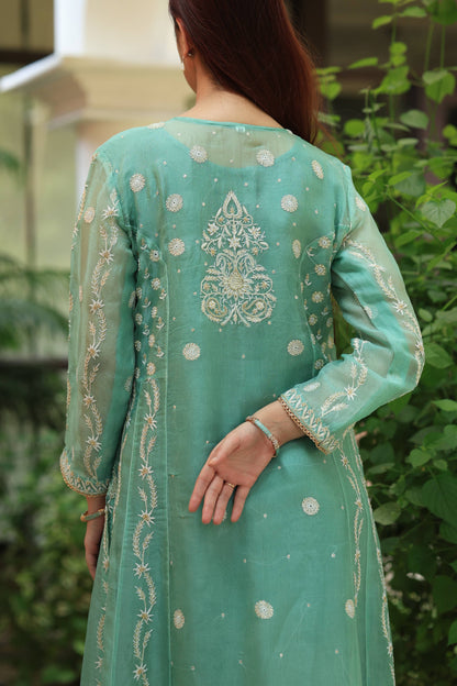 Green & Blue Noor Organza Chikankari Anarkali Kurta With Dupatta