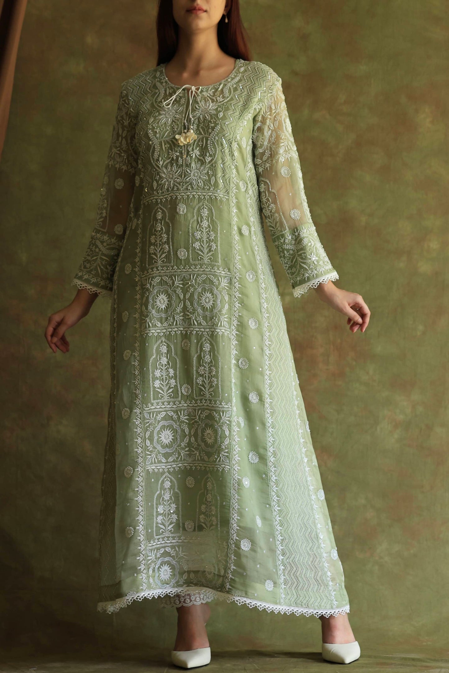 Green Noor Organza Chikankari Anarkali Kurta With Dupatta