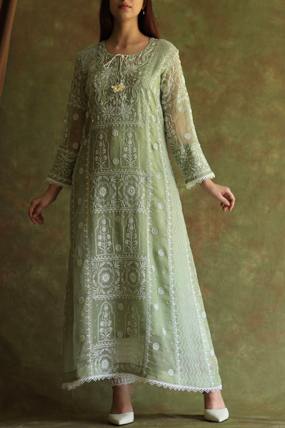 Green Noor Organza Chikankari Anarkali Kurta With Dupatta