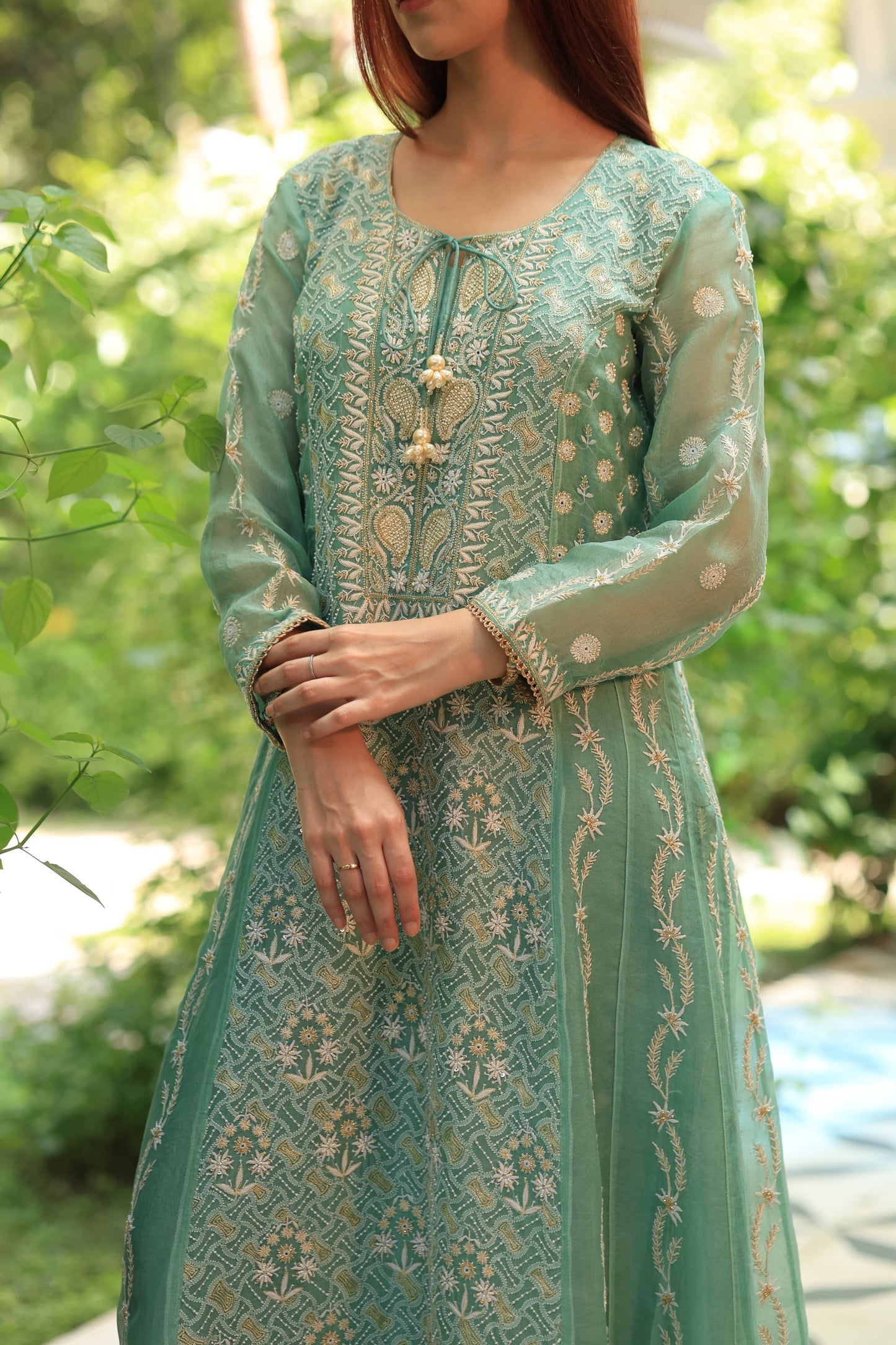 Green & Blue Noor Organza Chikankari Anarkali Kurta With Dupatta