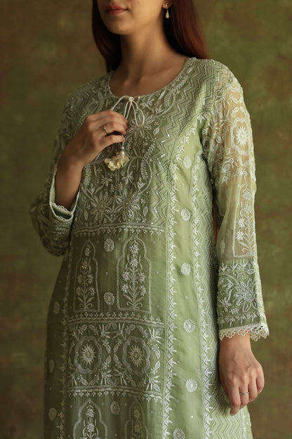 Green Noor Organza Chikankari Anarkali Kurta With Dupatta