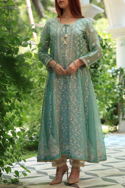 Green & Blue Noor Organza Chikankari Anarkali Kurta With Dupatta